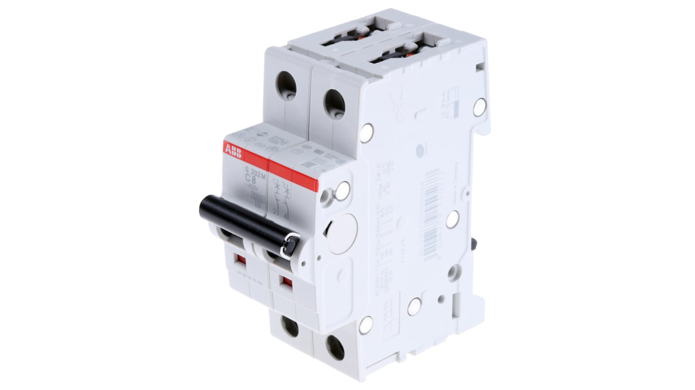 ABB System Pro M Compact S200M MCB, 2P Poles, 8A Curve C, 440V AC, 125V DC, 10 kA Breaking Capacity, MCB