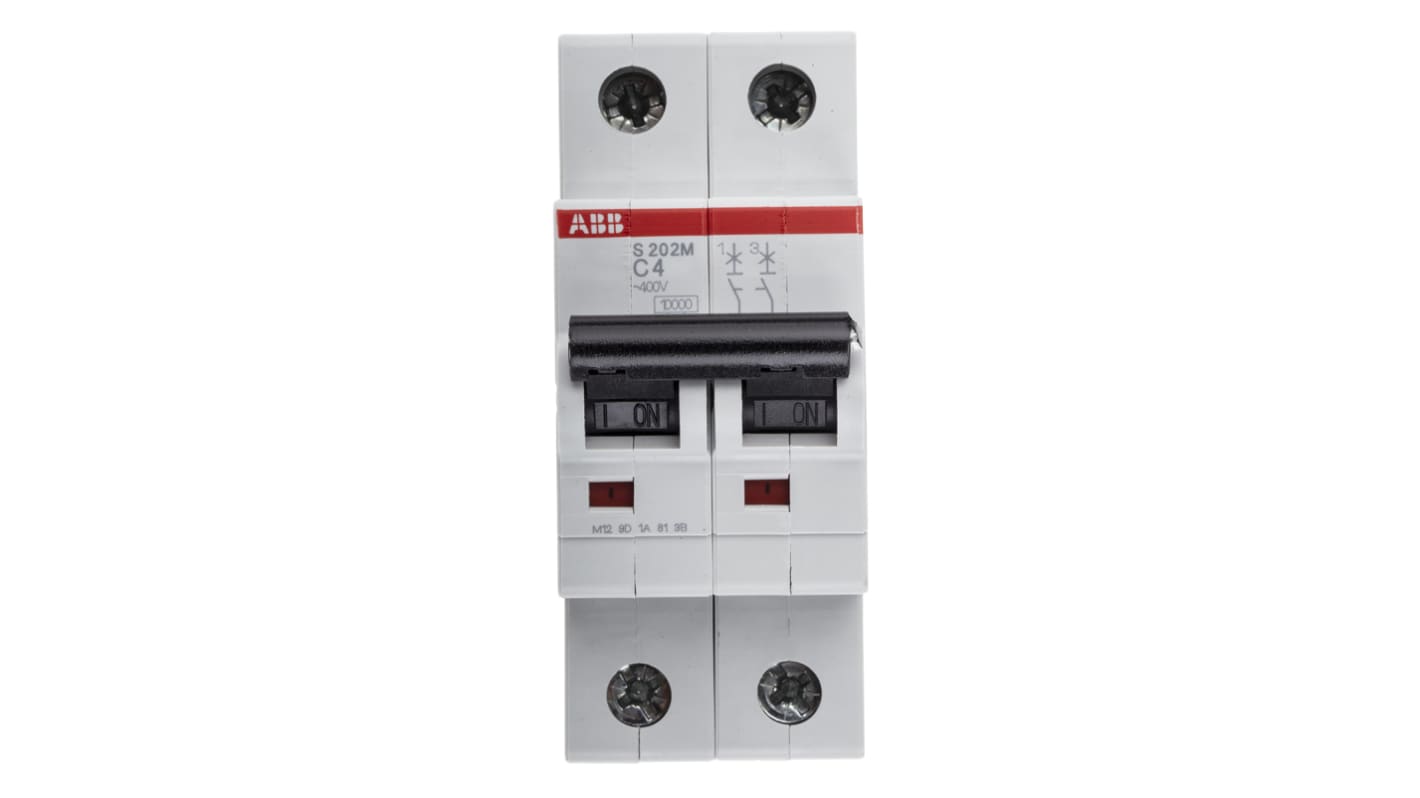 ABB System Pro M Compact S200M MCB, 2P, 4A Curve C, 440V AC, 125V DC, 10 kA Breaking Capacity