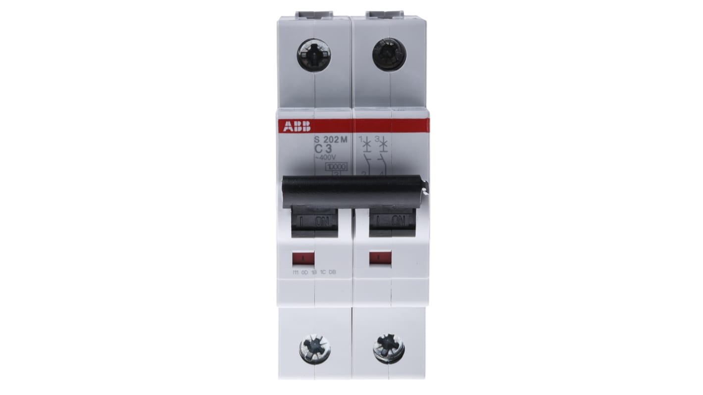 ABB System Pro M Compact S200M MCB, 2P, 3A Curve C, 440V AC, 125V DC, 10 kA Breaking Capacity