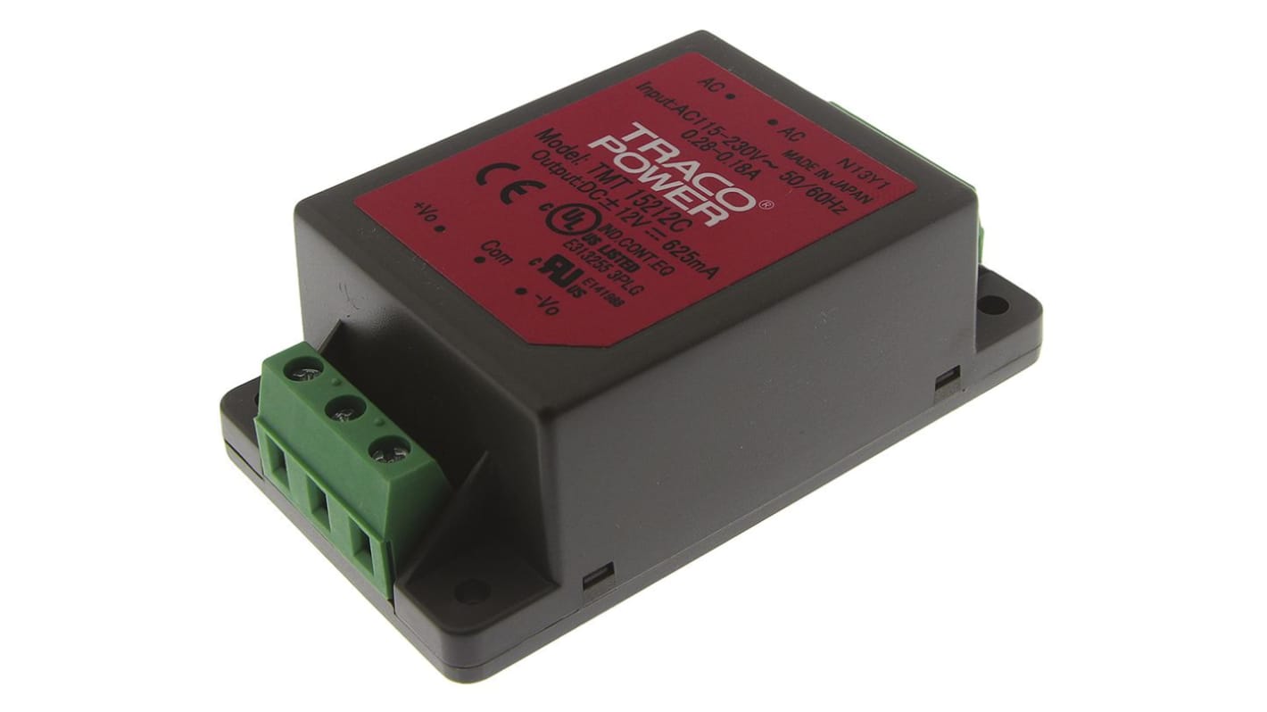 TRACOPOWER Switching Power Supply, TMT 15212C, ±12V dc, 625mA, 15W, Dual Output, 85 → 264 V ac, 85 → 370