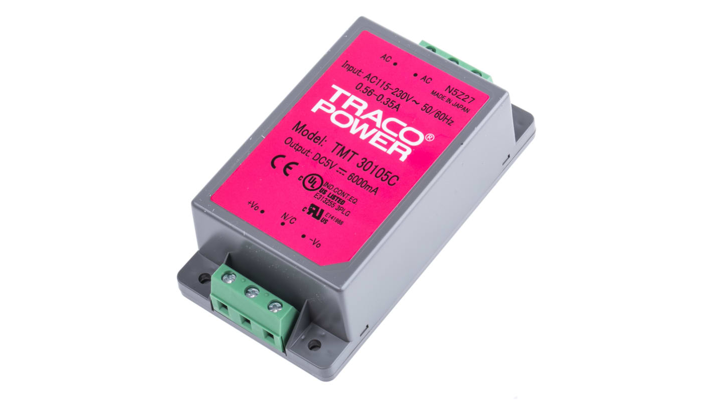 TRACOPOWER Switching Power Supply, TMT 30105C, 5V dc, 6A, 30W, 1 Output, 85 → 264 V ac, 85 → 370 V dc