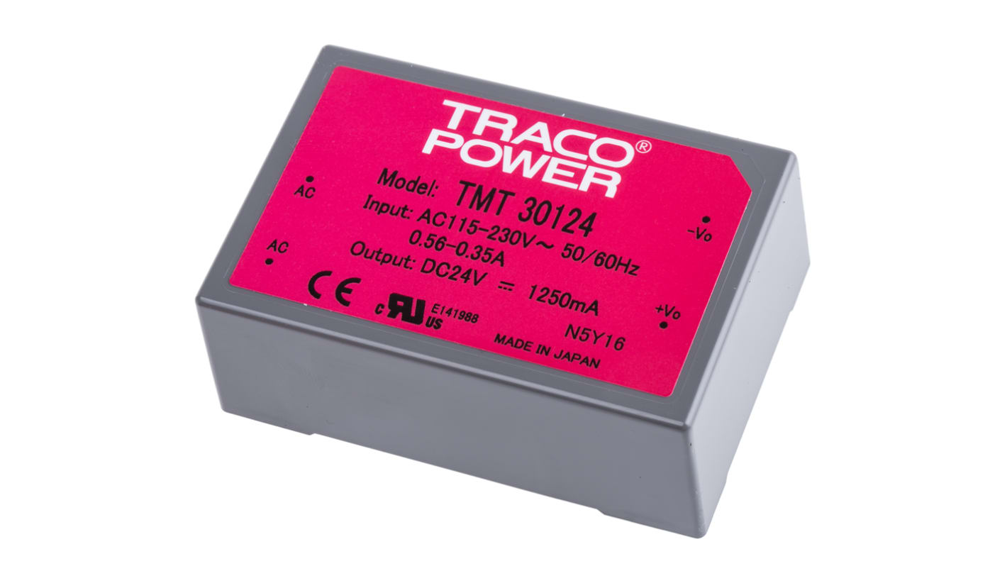 TRACOPOWER Switching Power Supply, TMT 30124, 24V dc, 1.25A, 30W, 1 Output, 85 → 264 V ac, 85 → 370 V dc
