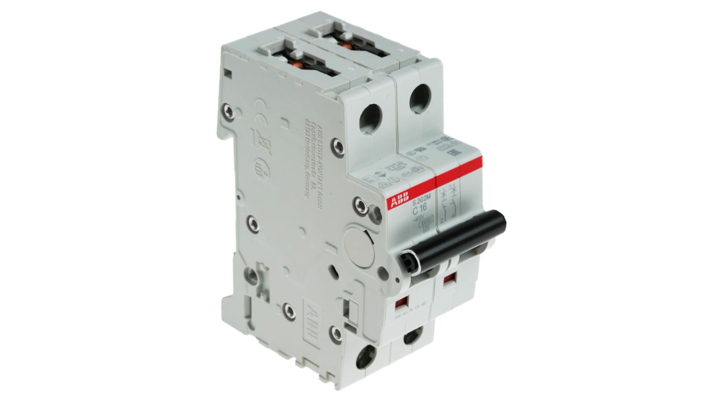 ABB System Pro M Compact S200M MCB, 2P, 16A Curve C, 440V AC, 125V DC, 10 kA Breaking Capacity