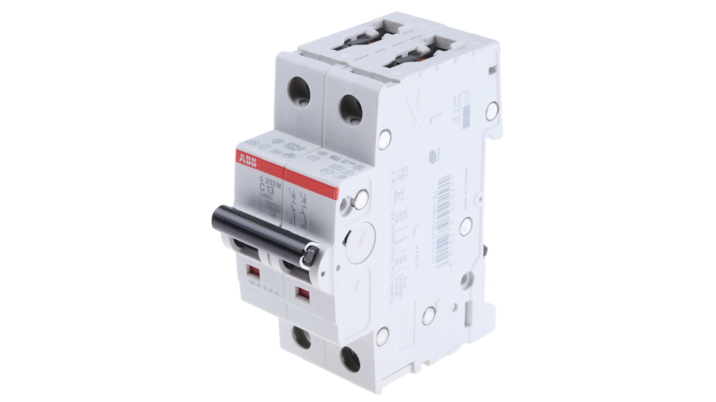 ABB System Pro M Compact S200M MCB, 2P, 13A Curve C, 440V AC, 125V DC, 10 kA Breaking Capacity