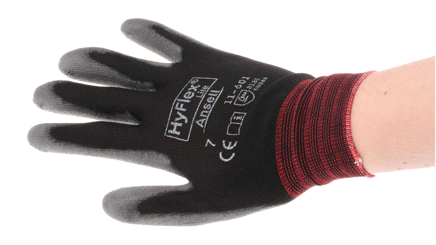 Guantes de trabajo de Nylon Negro Ansell serie HyFlex 11-601, talla 7, S, con recubrimiento de Poliuretano, Uso general