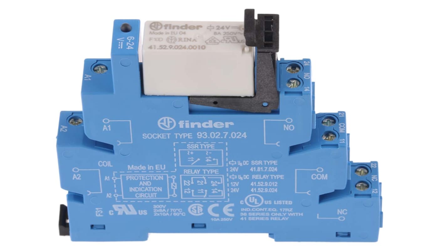 Finder 38 Series Interface Relay, DIN Rail Mount, 24V dc Coil, DPDT, 2-Pole