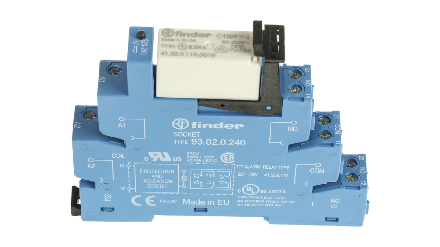 Finder 38 Series Interface Relay, DIN Rail Mount, 230V ac/dc Coil, DPDT, 2-Pole