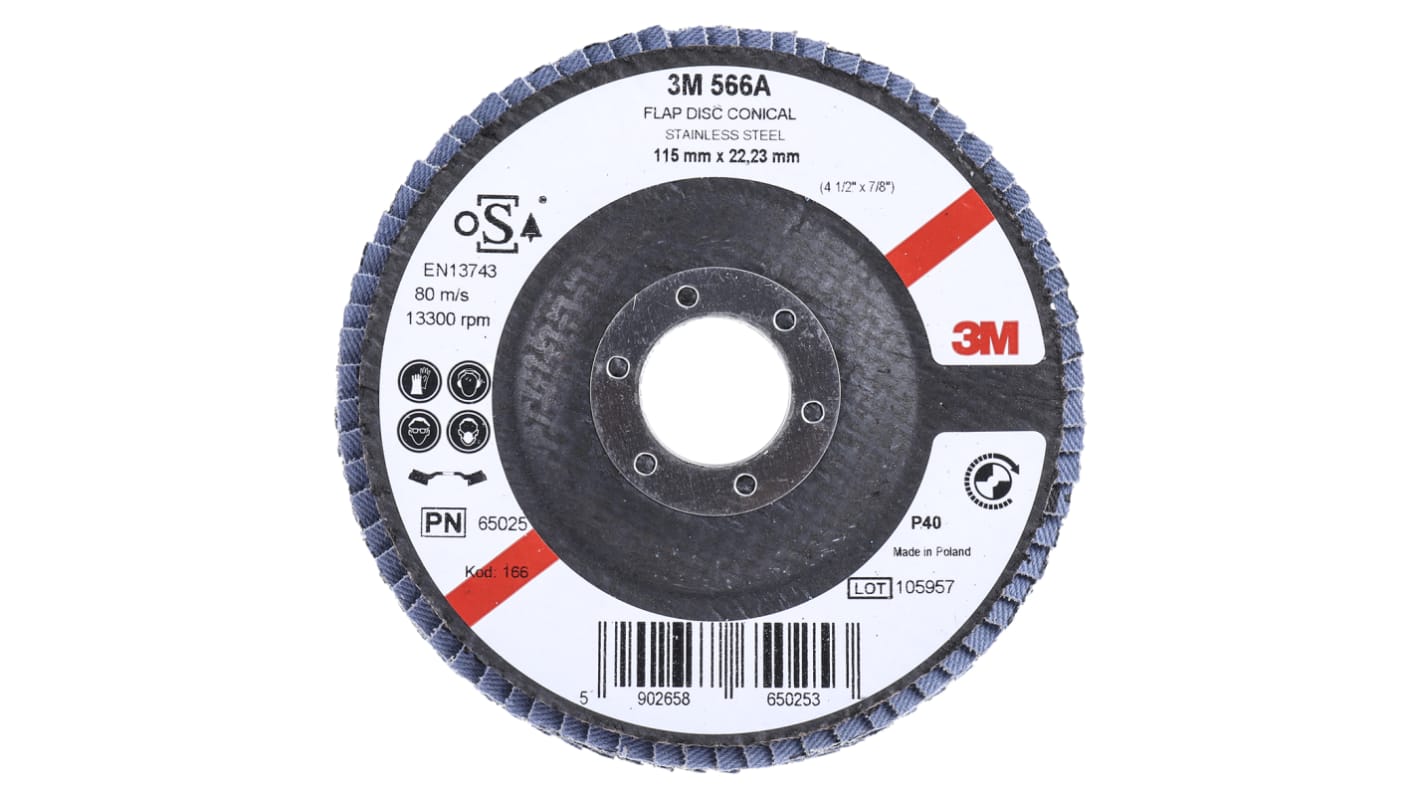 3M 566A Zirconia Aluminium Flap Disc, 115mm, Coarse Grade, P40 Grit, PN65026