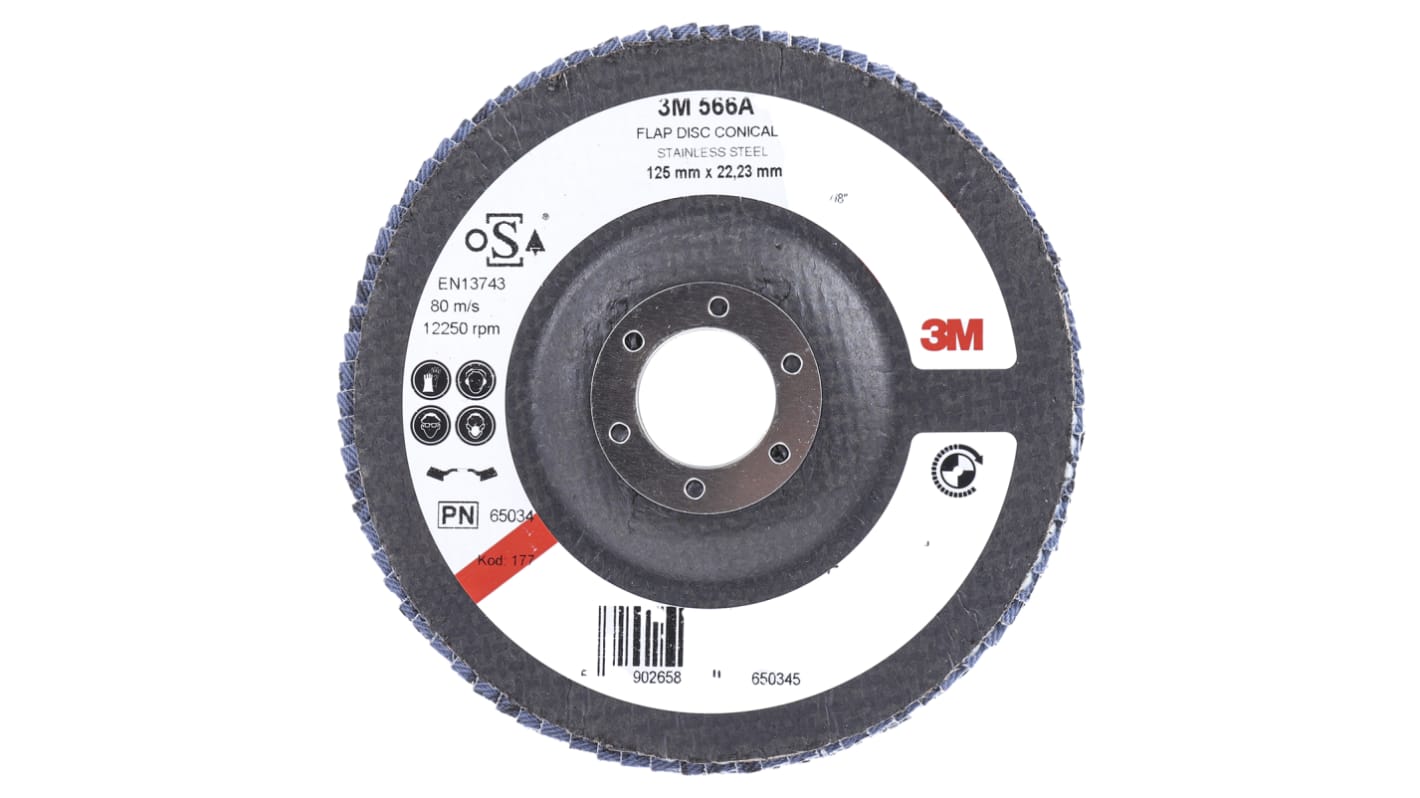 3M lamellás tárcsa - Alumínium-cirkónia, Közepes, szemcseméret: P60, 12000rpm, 125mm Ø x 22mm (furat)