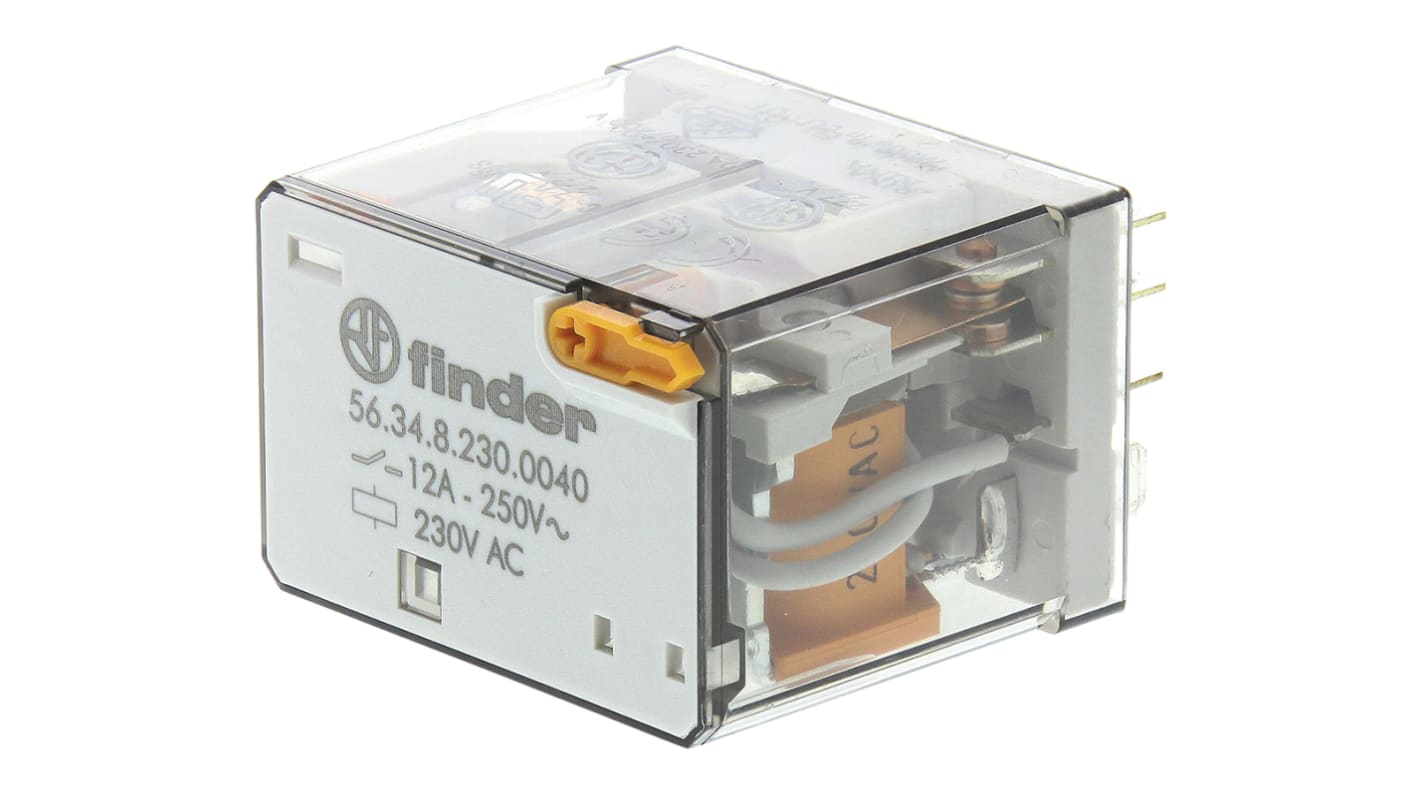Relé de potencia sin enclavamiento Finder 56 Series de 4 polos, 4PDT, bobina 230V ac, 12A, enchufable