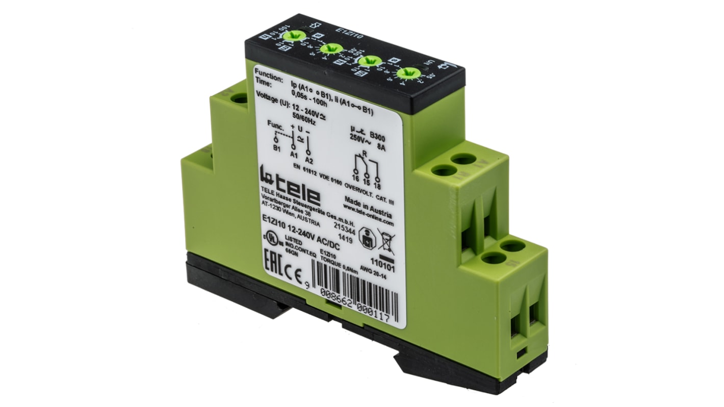 Tele E1ZI10 Series DIN Rail Mount Timer Relay, 12 → 240V ac/dc, 1-Contact, 0.05 s → 100h, SPDT