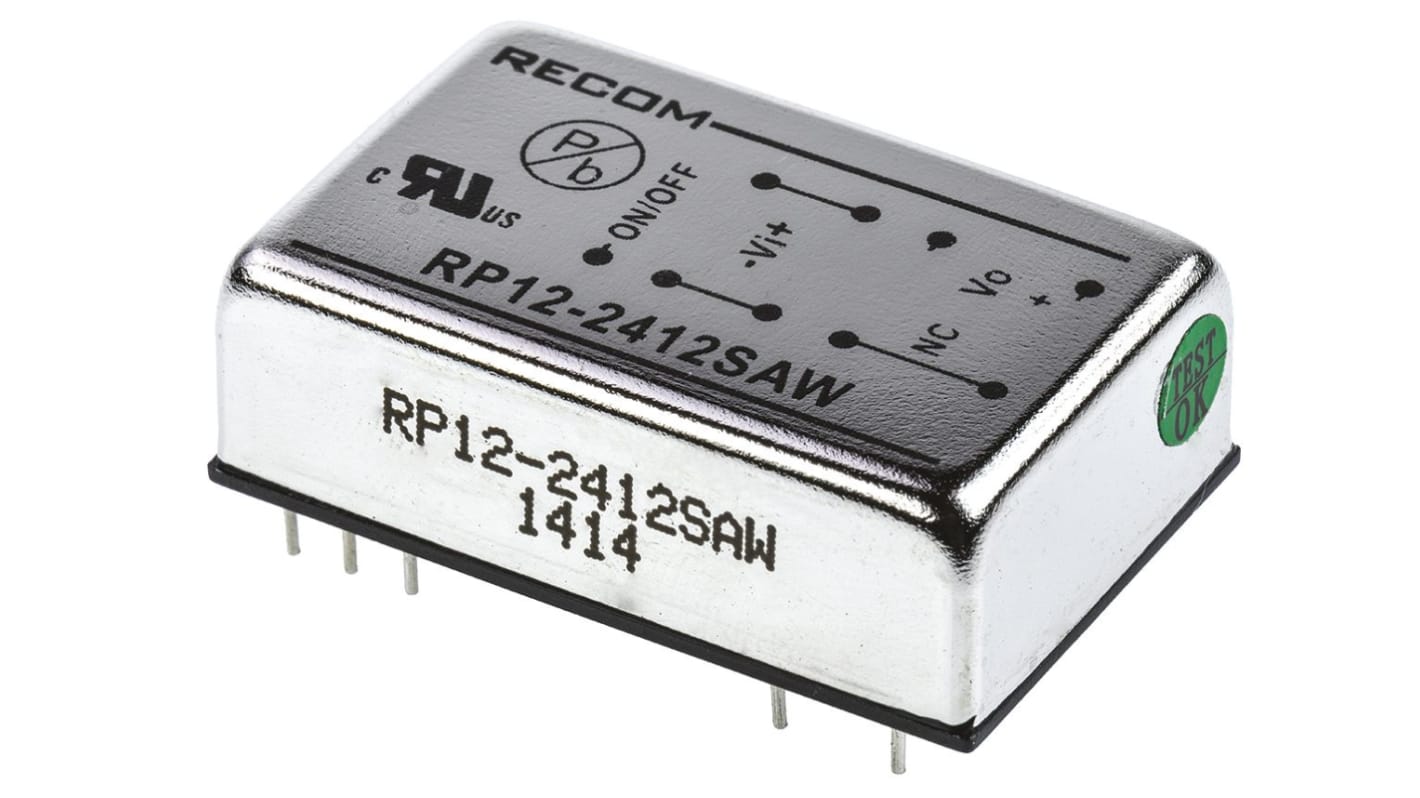 Recom RP12-AW DC-DC Converter, 12V dc/ 1A Output, 9 → 36 V dc Input, 12W, Through Hole, +65°C Max Temp -40°C Min