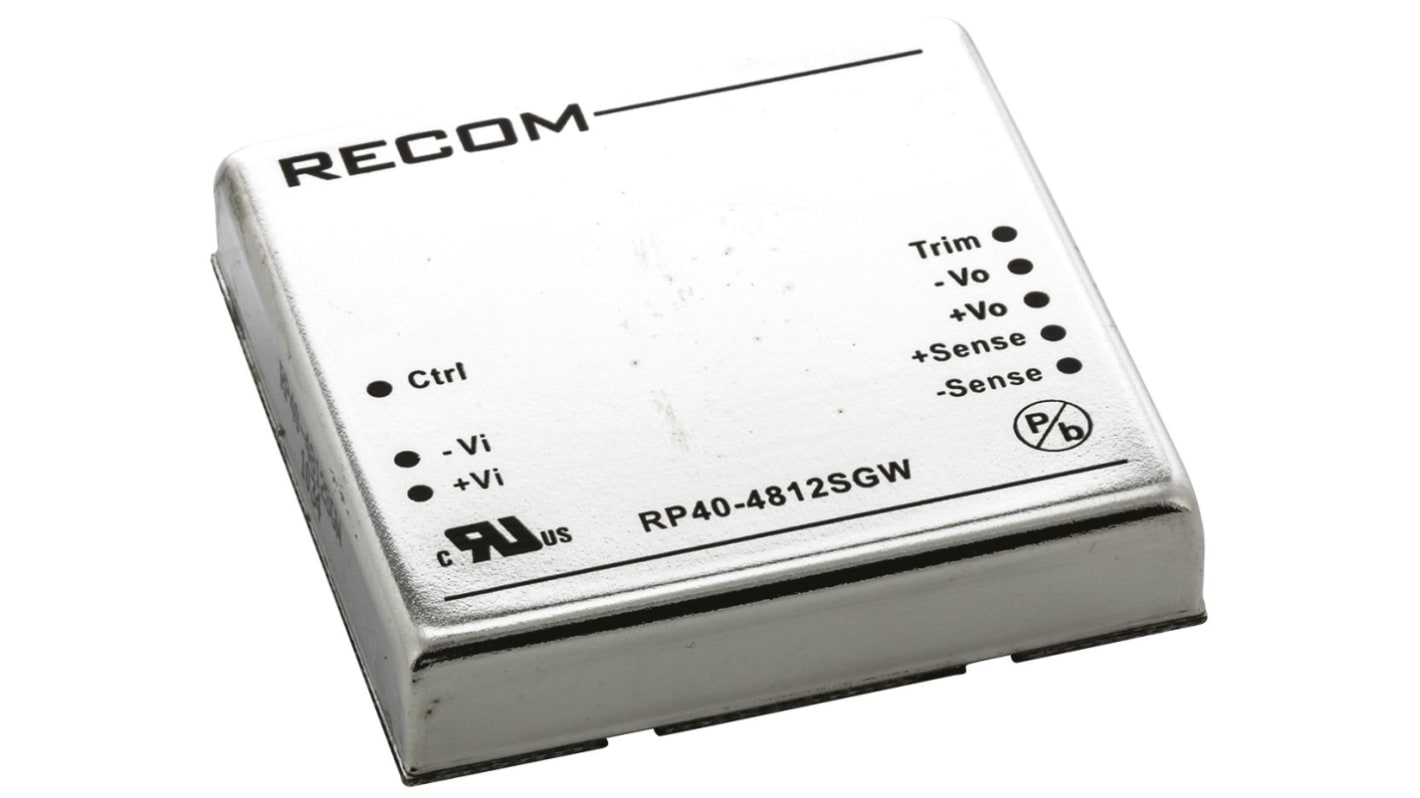 Recom RP40-GW DC-DC Converter, 12V dc/ 3.33A Output, 18 → 75 V dc Input, 40W, Through Hole, +105°C Max Temp