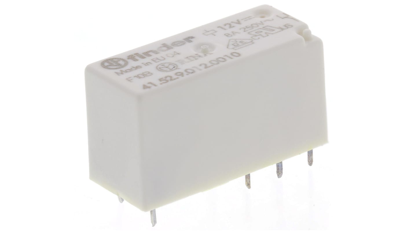 Relé de potencia sin enclavamiento Finder 41 Series de 2 polos, DPDT, bobina 12V dc, 8A, Montaje en PCB