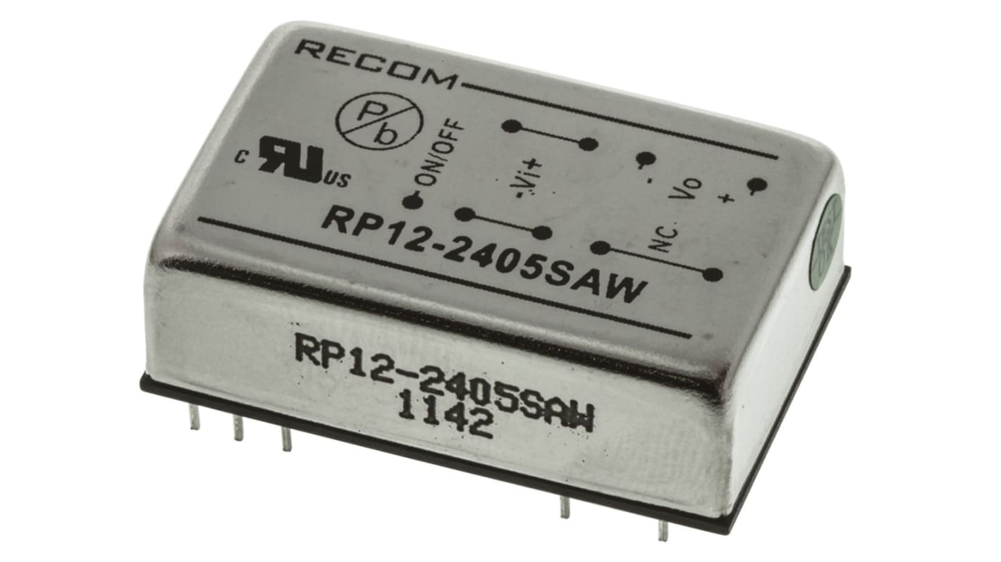 Recom RP12 AW Isolated DC-DC Converter, 5V dc/ 2.4A Output, 9 → 36 V dc Input, 12W, Through Hole, +65°C Max Temp