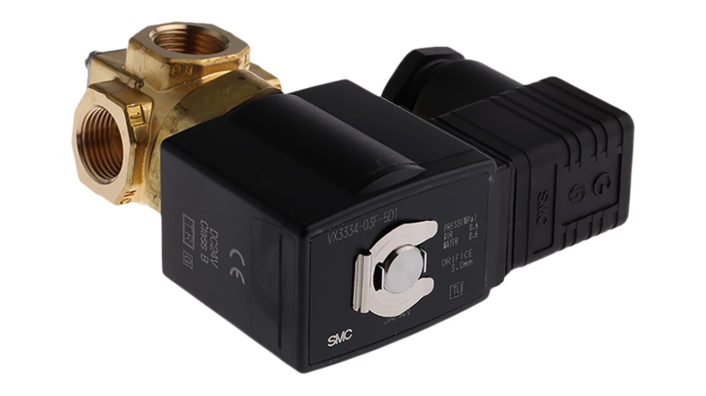 Válvula de solenoide SMC VX33 de 3 puertos, Hembra G de 3/8 pulg., Directo, Común de 24 Vdc