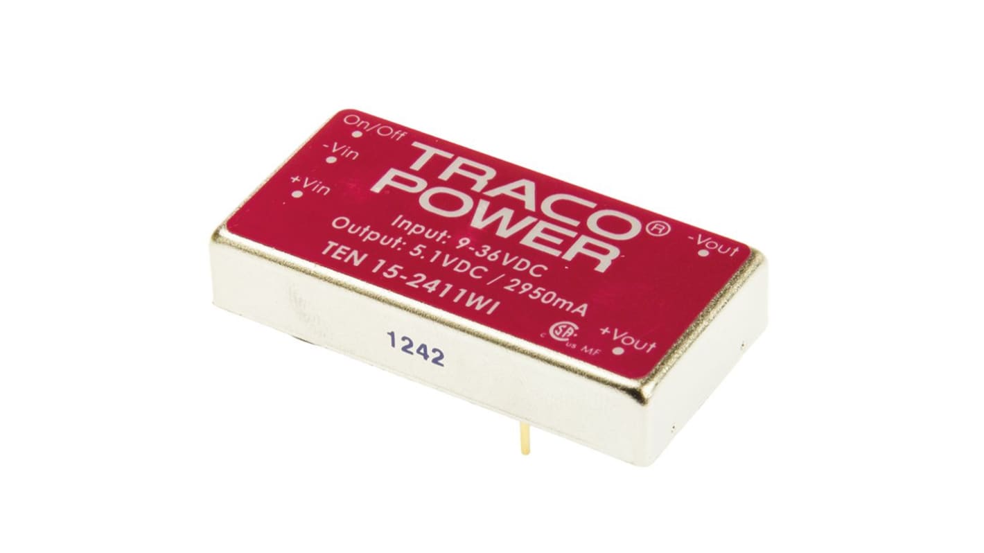 TRACOPOWER TEN 15WI DC-DC Converter, 5V dc/ 2.95A Output, 9 → 36 V dc Input, 15W, Through Hole, +85°C Max Temp