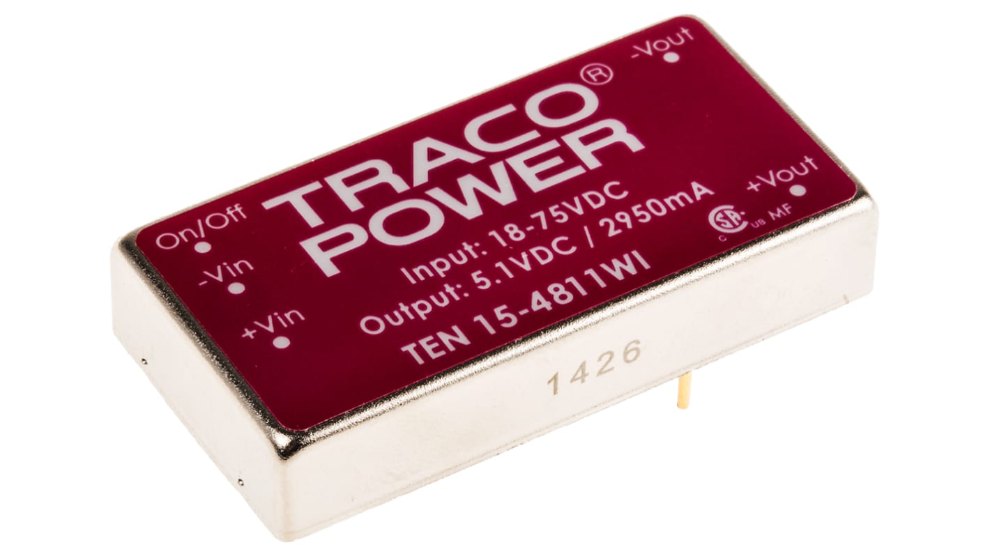 TRACOPOWER TEN 15WI DC/DC-Wandler 15W 48 V dc IN, 5V dc OUT / 2.95A Durchsteckmontage 1.5kV dc isoliert