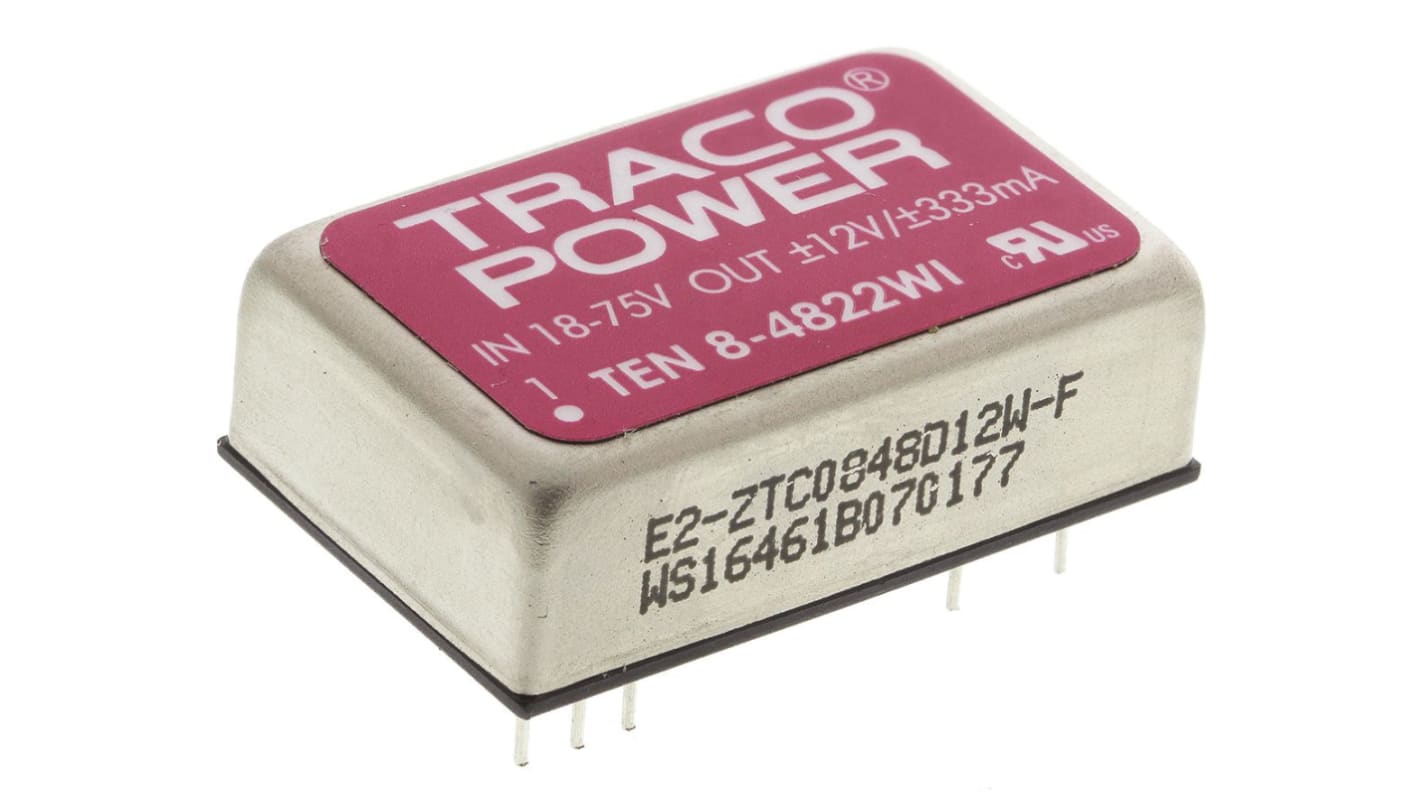 Convertisseur DC-DC TRACOPOWER, TEN 8WI, Montage traversant, 8W, 2 sorties, ±12V c.c., ±335mA