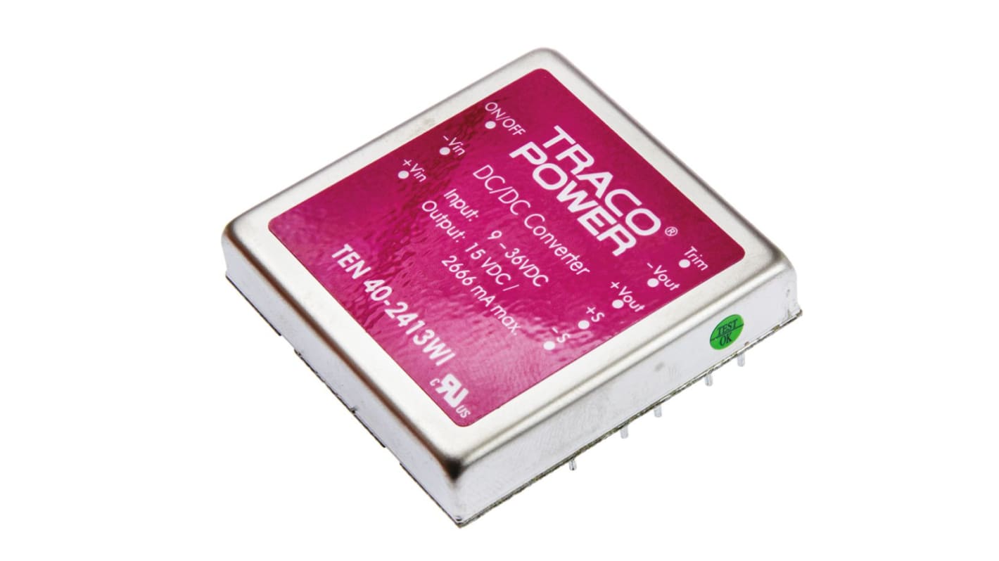 TRACOPOWER TEN 40WI DC-DC Converter, 15V dc/ 2.65A Output, 9 → 36 V dc Input, 40W, Through Hole, +85°C Max Temp