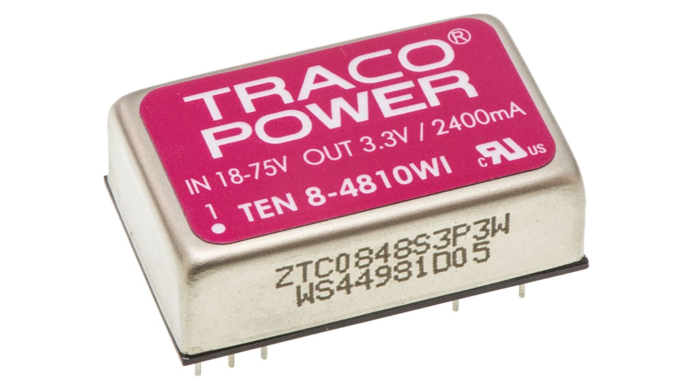 TRACOPOWER TEN 8WI DC-DC Converter, 3.3V dc/ 2.4A Output, 18 → 75 V dc Input, 8W, Through Hole, +85°C Max Temp