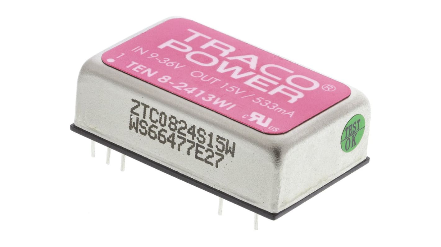 TRACOPOWER TEN 8WI DC-DC Converter, 15V dc/ 533mA Output, 9 → 36 V dc Input, 8W, Through Hole, +85°C Max Temp