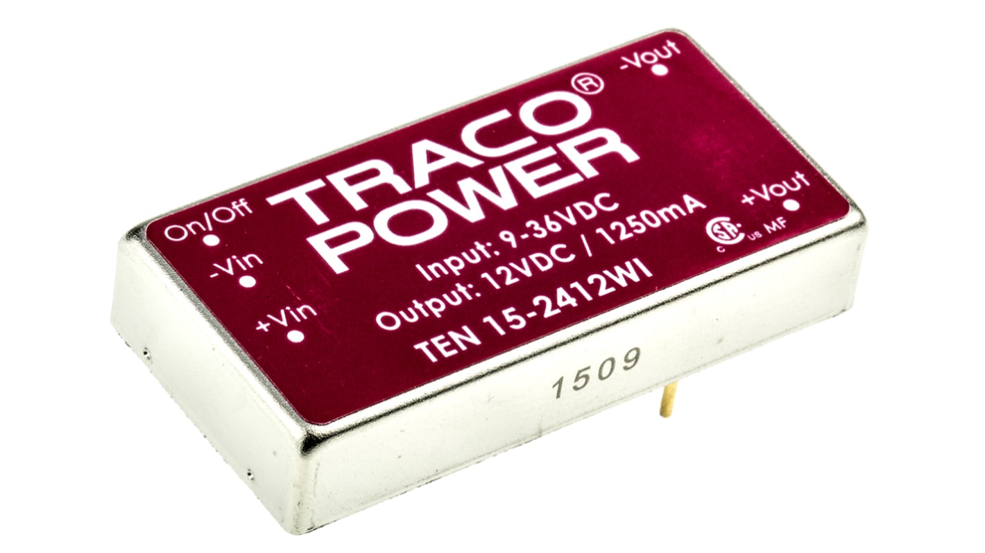 Convertisseur DC-DC TRACOPOWER, TEN 15WI, Montage traversant, 15W, 1 sortie, 12V c.c., 1.25A