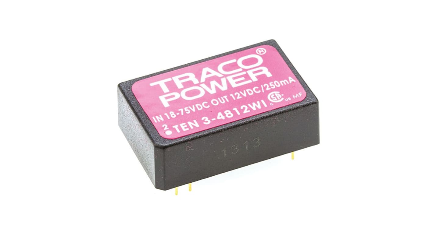 Convertisseur DC-DC TRACOPOWER, TEN 3WI, Montage traversant, 3W, 1 sortie, 12V c.c., 250mA