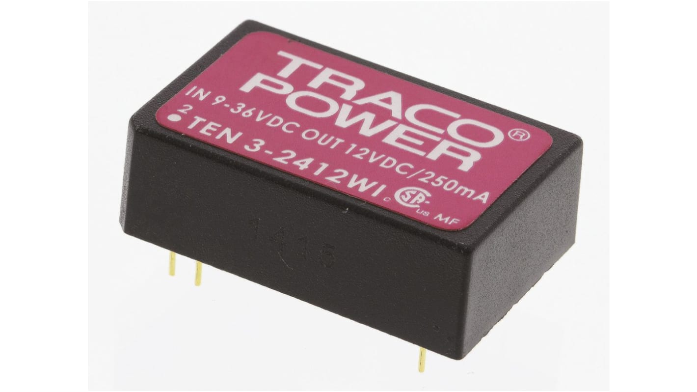 TRACOPOWER TEN 3WI DC-DC Converter, 12V dc/ 250mA Output, 9 → 36 V dc Input, 3W, Through Hole, +85°C Max Temp