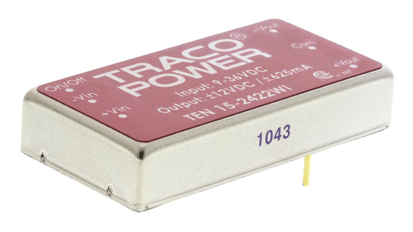 TRACOPOWER TEN 15WI DC/DC-Wandler 15W 24 V dc IN, ±12V dc OUT / ±625mA Durchsteckmontage 1.5kV dc isoliert