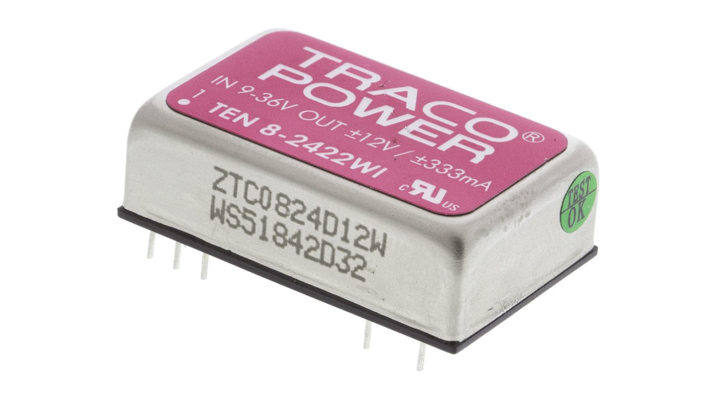 TRACOPOWER TEN 8WI DC-DC Converter, ±12V dc/ ±335mA Output, 9 → 36 V dc Input, 8W, Through Hole, +85°C Max Temp