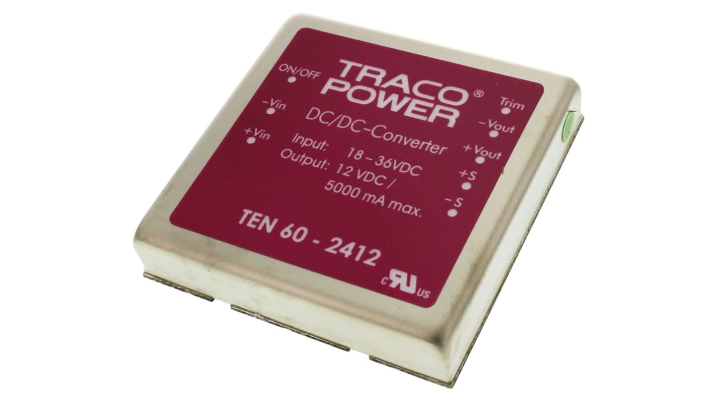 TRACOPOWER TEN 60 DC-DC Converter, 12V dc/ 5A Output, 18 → 36 V dc Input, 60W, Through Hole, +85°C Max Temp