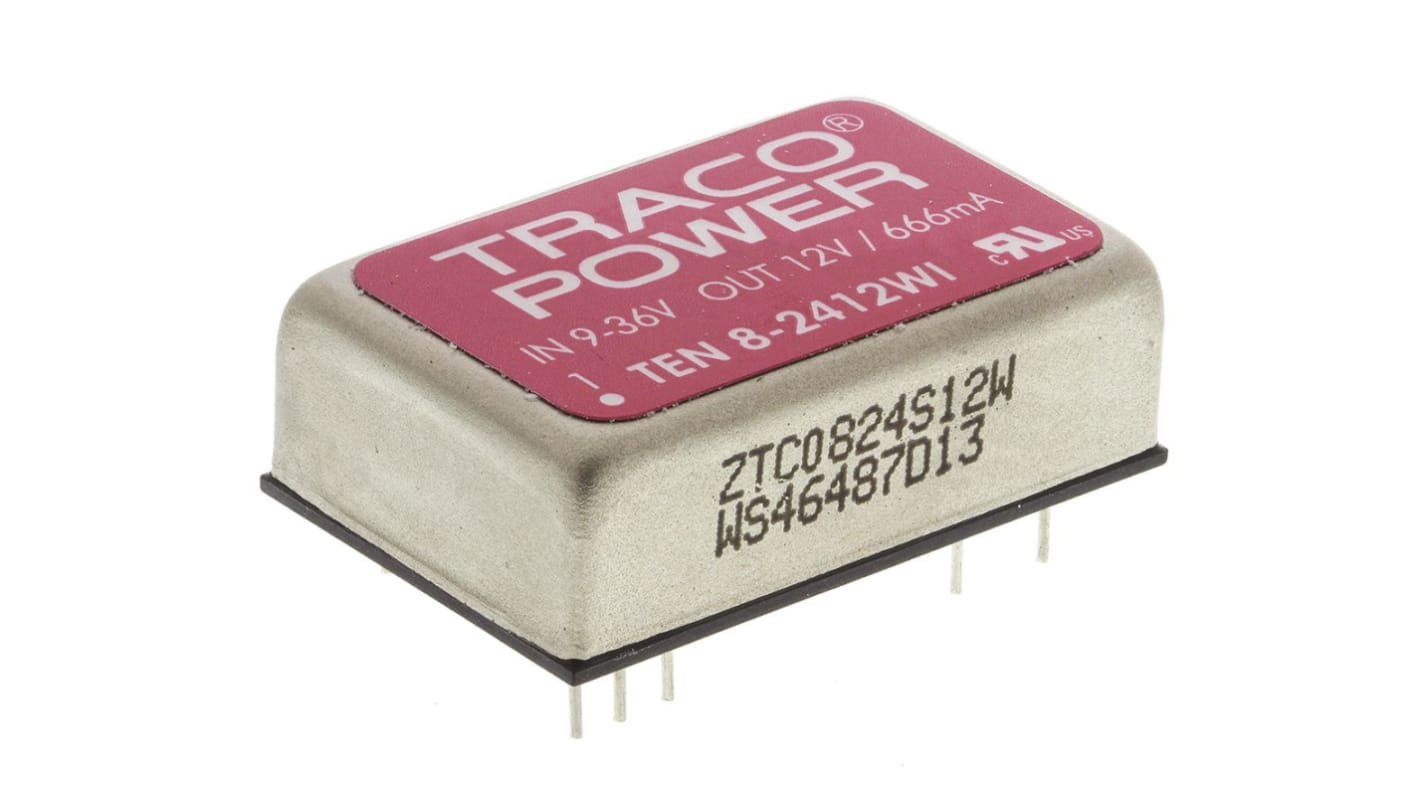 Convertisseur DC-DC TRACOPOWER, TEN 8WI, Montage traversant, 8W, 1 sortie, 12V c.c., 666mA