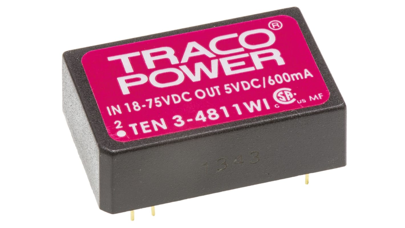 TRACOPOWER TEN 3WI DC-DC Converter, 5V dc/ 600mA Output, 18 → 75 V dc Input, 3W, Through Hole, +85°C Max Temp