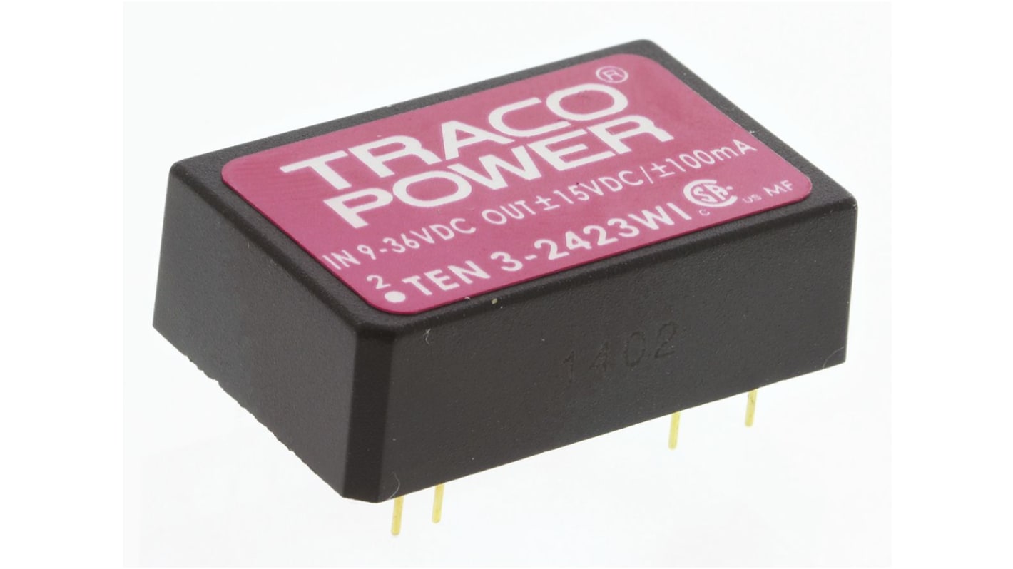 TRACOPOWER TEN 3WI DC-DC Converter, ±15V dc/ ±100mA Output, 9 → 36 V dc Input, 3W, Through Hole, +85°C Max Temp