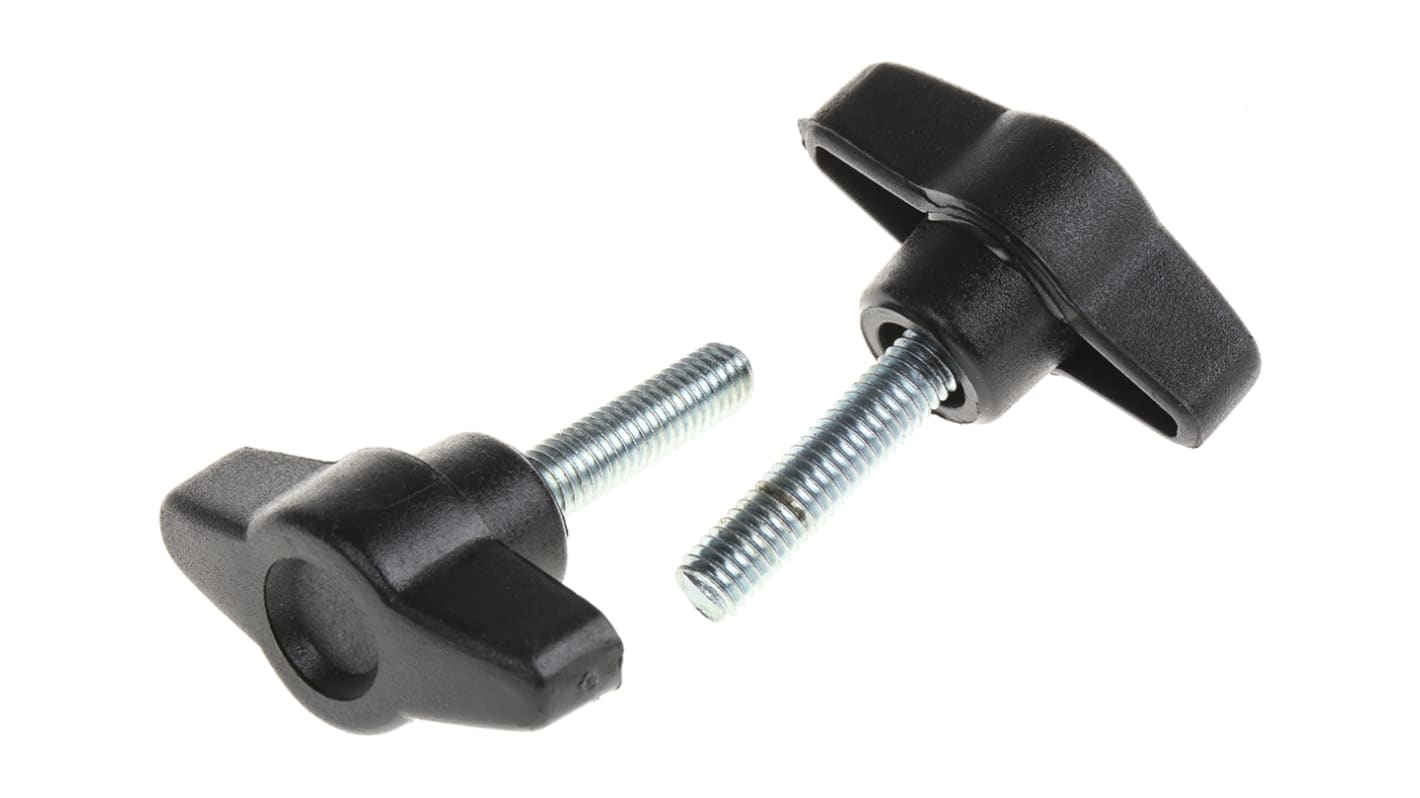 RS PRO Black Wing Clamping Knob, M6, Threaded Stud