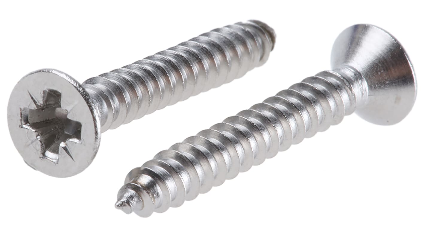 RS PRO Plain Stainless Steel Countersunk Head Self Tapping Screw, N°6 x
