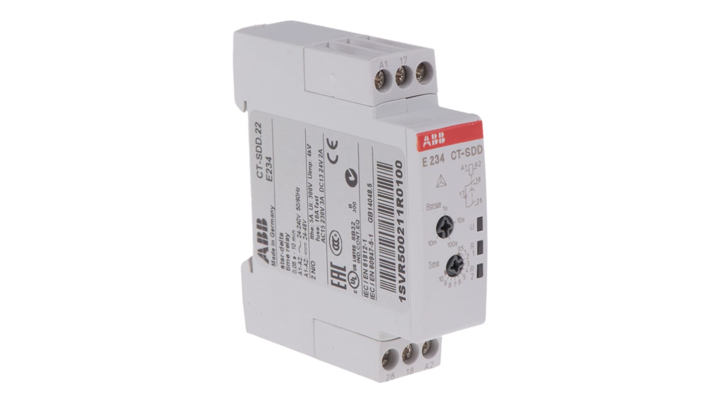 ABB 1SVR Series DIN Rail Mount Timer Relay, 24 → 240 V ac, 24 → 48V dc, 2-Contact, 0.05 s → 10min,