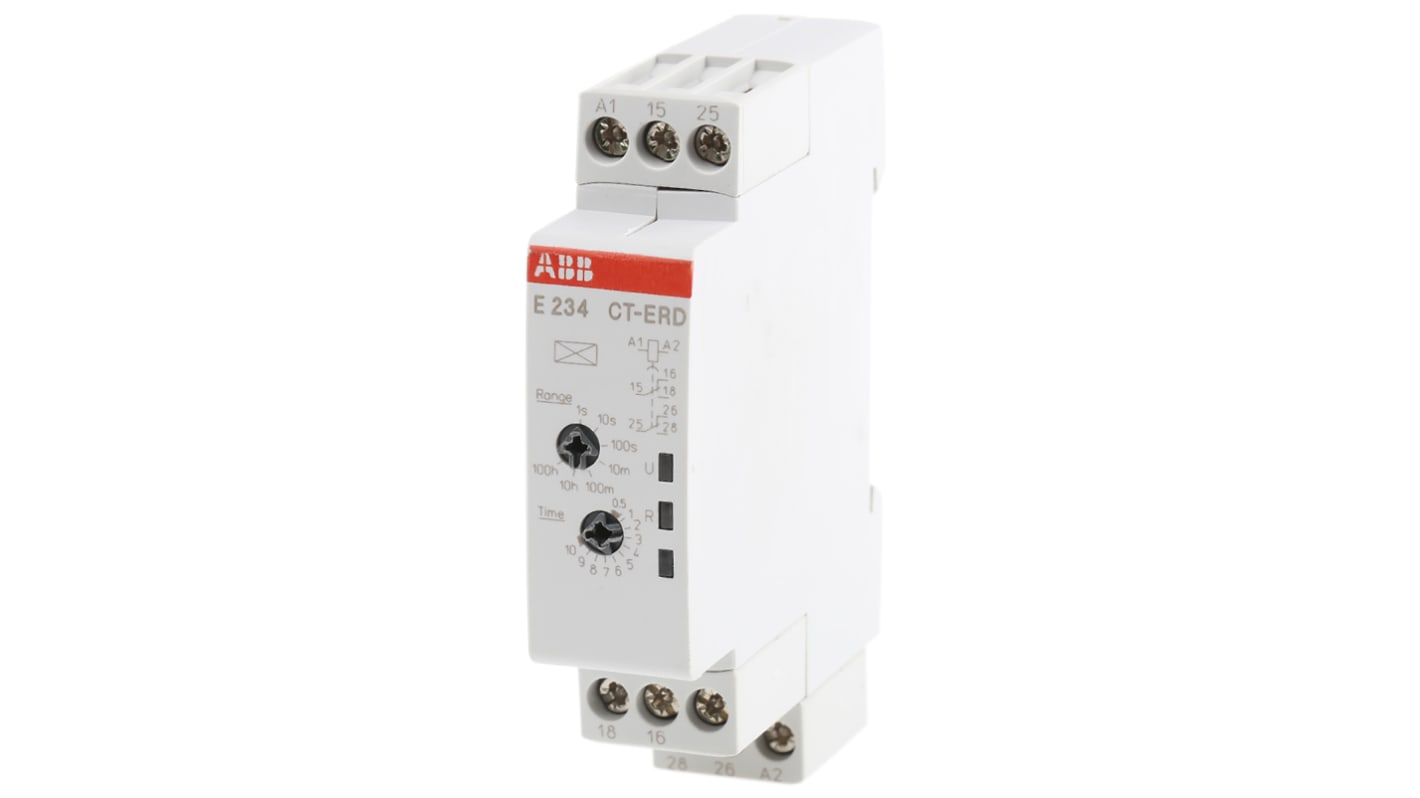 ABB 1SVR Series DIN Rail Mount Timer Relay, 24 → 240 V ac, 24 → 48V dc, 2-Contact, 0.05 s → 100h,