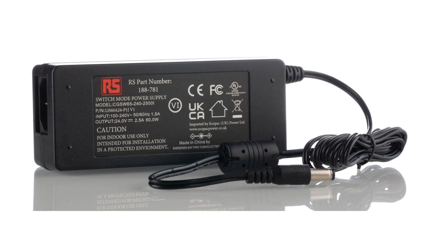 RS PRO 60W PlugIn AC/DC Adapter 24V dc Output, 2.5A Output RS