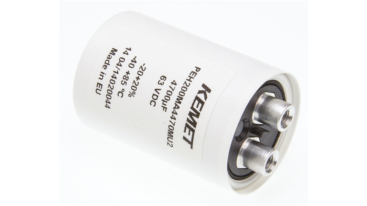 Condensador electrolítico KEMET serie PEH200, 4700μF, ±20%, 63V dc, mont. roscado, 36.6 x 54.5mm
