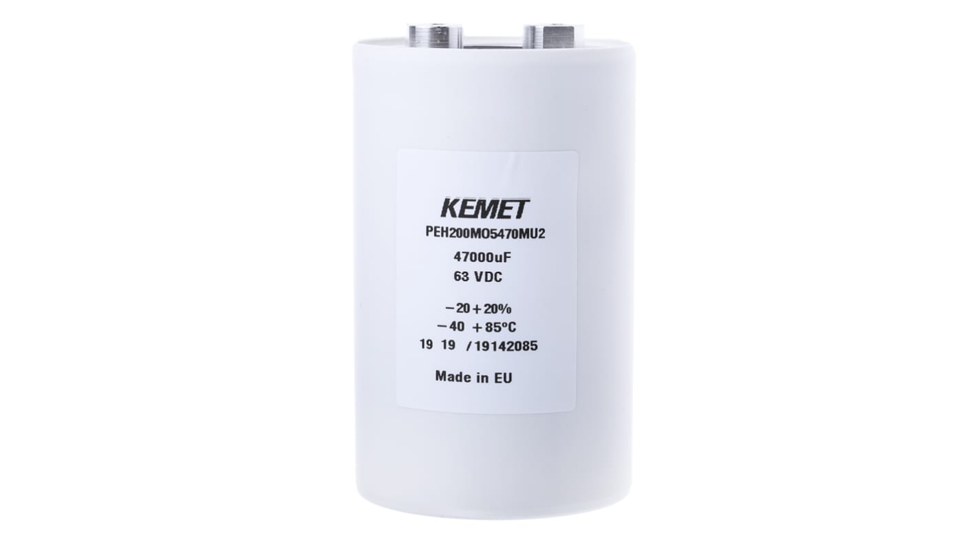 KEMET PEH200, Schraub Aluminium-Elektrolyt Kondensator 47000μF ±20% / 63V dc, Ø 66.6mm x 109.2mm x 109.2mm, +85°C