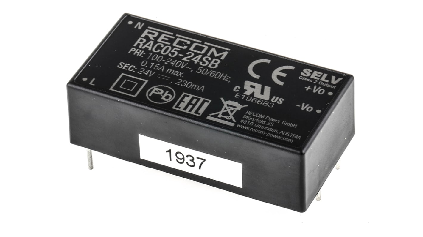 Recom RAC05-B Schaltnetzteil, 24V dc / 230mA 5W 90 → 264V ac Gekapselt, PCB-Montage