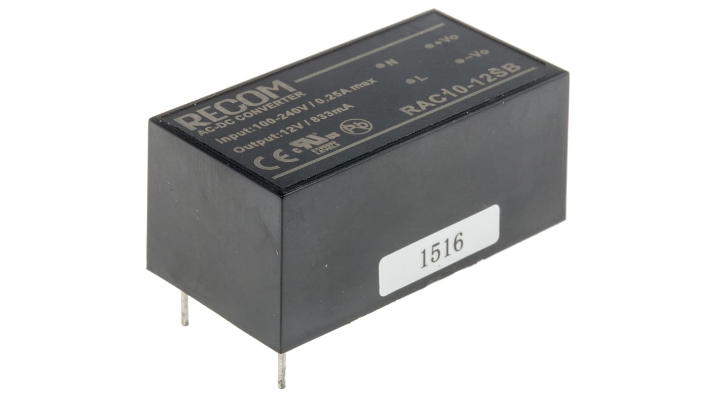 Recom Switching Power Supply, RAC10-12SB, 12V dc, 833mA, 10W, 1 Output, 90 → 264V ac Input Voltage