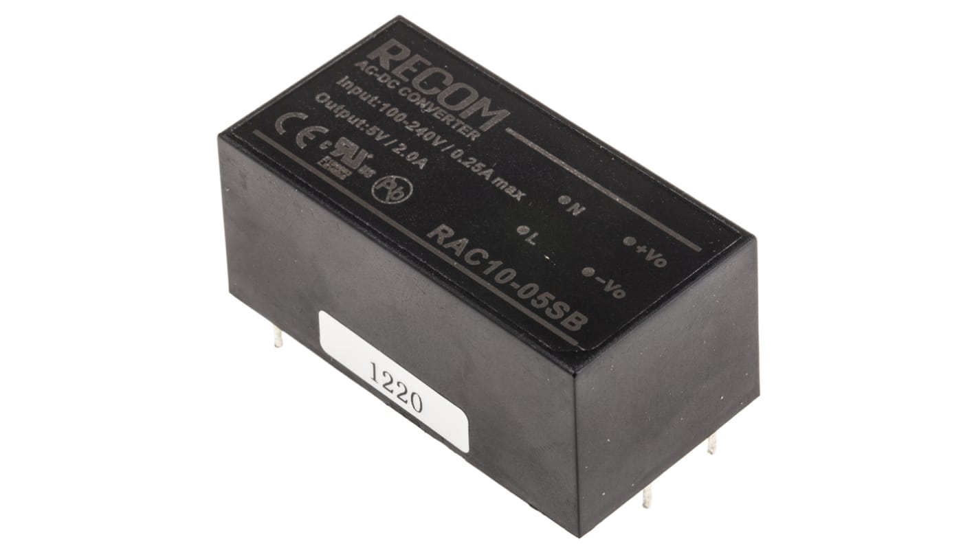 Alimentatore switching Recom RAC10-05SB, 10W, ingresso 90 → 264V ca, uscita 5V cc, 2A RAC10-B