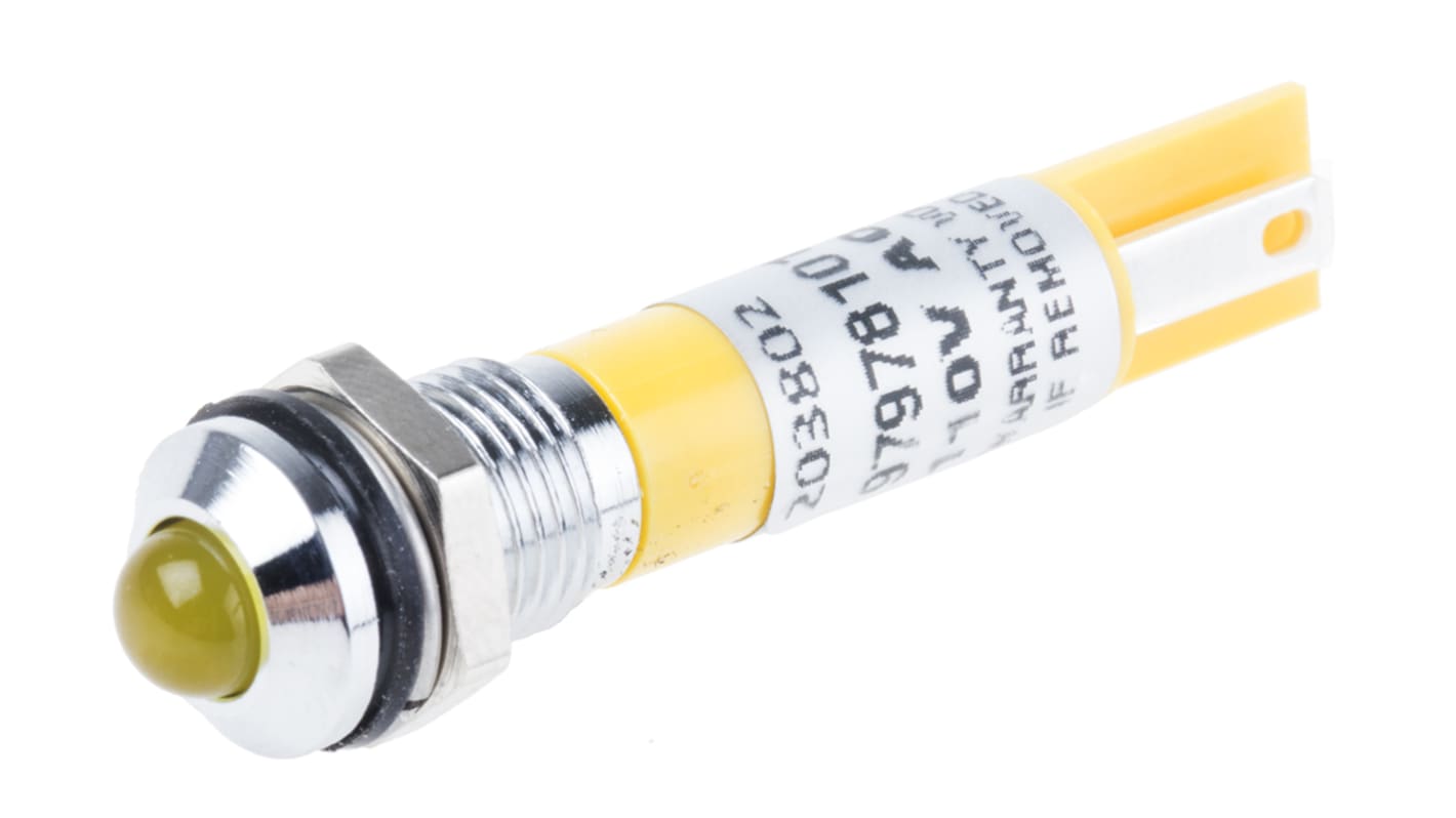 RS PRO Yellow Panel Mount Indicator, 110V ac, 8mm Mounting Hole Size, Solder Tab Termination