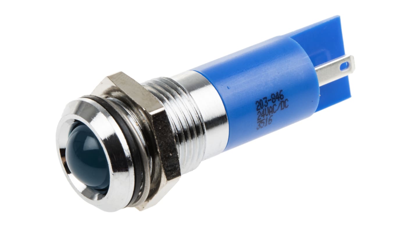 Indicador LED RS PRO, Azul, lente prominente, marco Cromo, Ø montaje 14mm, 24V dc, 17mA, IP67