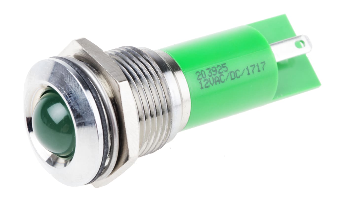 Indicador LED RS PRO, Verde, lente prominente, marco Cromo, Ø montaje 16mm, 20mA, 40mcd