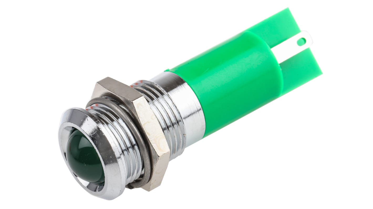 Indicador LED RS PRO, Verde, lente prominente, marco Cromo, Ø montaje 14mm, 2V dc, 20mA, 40mcd