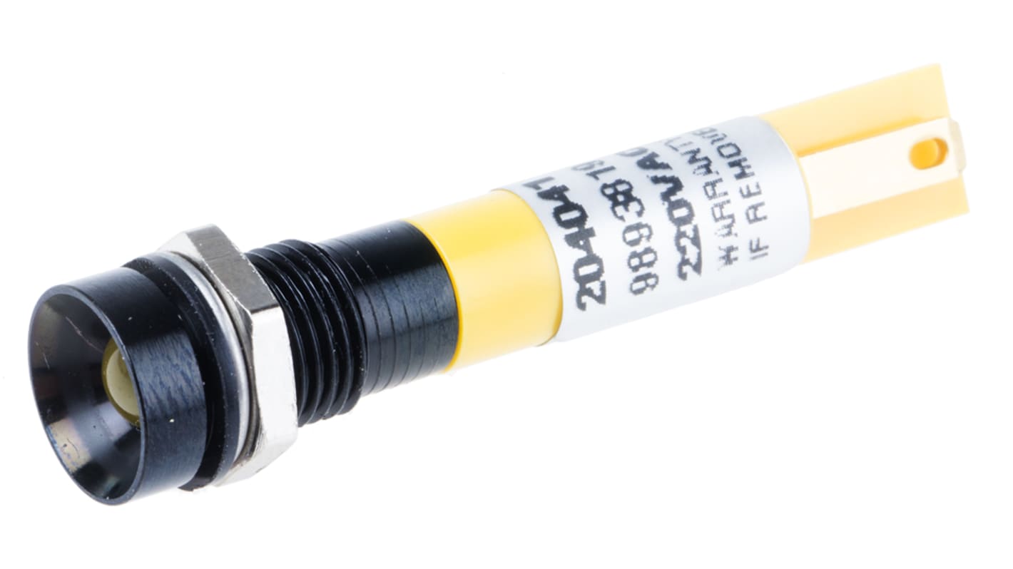 Indicatore da pannello RS PRO Giallo  a LED, 230V ca, Ad incasso, foro da 8mm